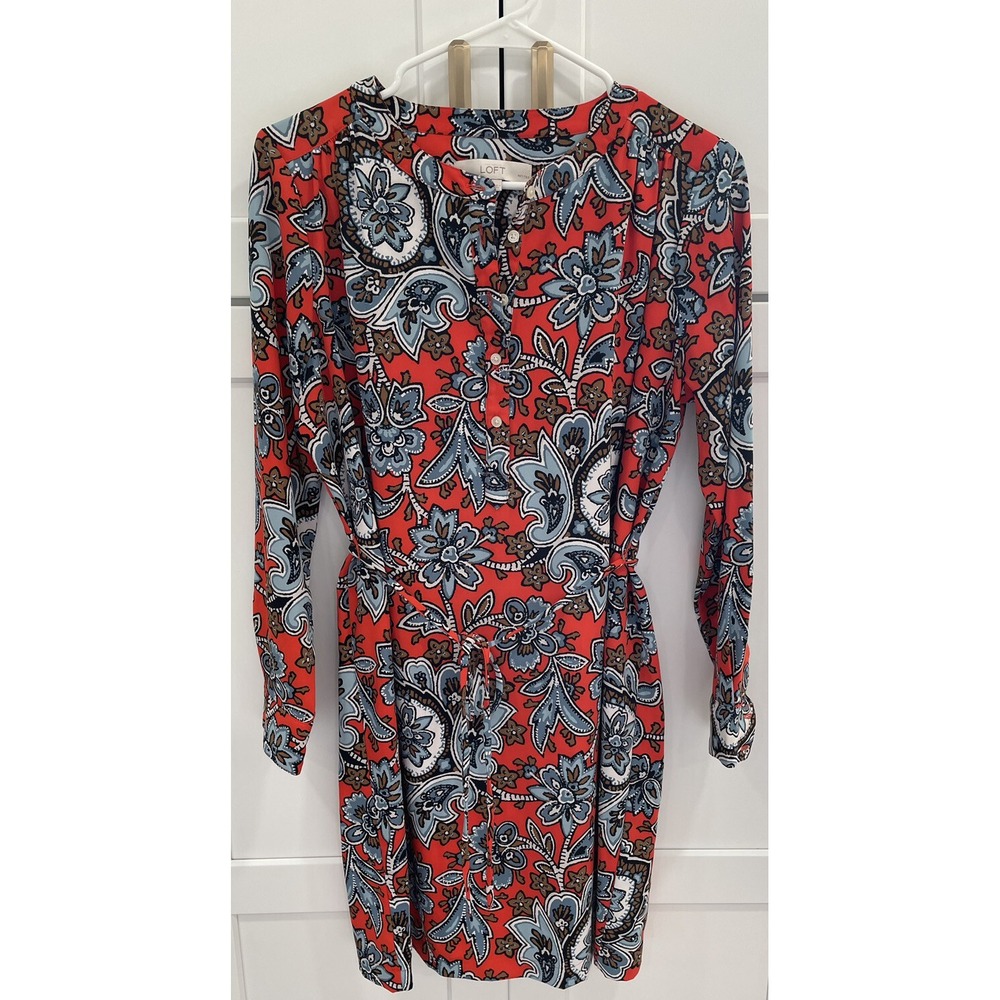 Ann Taylor Loft Belted Shift Dress Womens Size MP Floral L/S Sleeve Midi‎ AK13